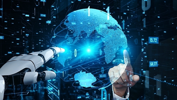 JPG 해외이미지 손 일러스트 미래 기술 신체부위 파란색 지구본 3D 디지털 터치 가리킴 네트워크 로봇 해외202309 해외일러스트 컬러 컨셉 사람 손짓 디지털합성 파일형식