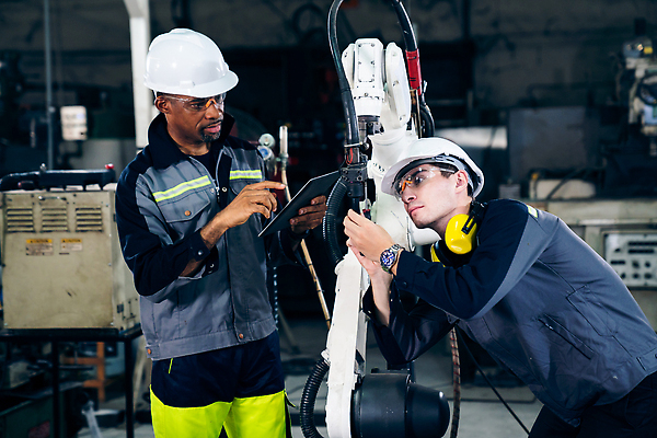 포토 JPG 해외이미지 남자 산업 공장 노동자 작업복 들기 상반신 성인 두명 태블릿 기계 과학기술 작업 엔지니어 안전모 점검 성인남자만 해외202309 해외포토 직업 옷 공업 모션 기술 사람 전자제품 스마트기기 기술자 헬멧 안전장비 남자만 성인만 파일형식
