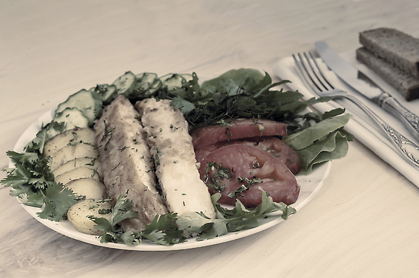 포토 JPG 해외이미지 전통 접시 음식 조각 다이어트 토마토 채소 반찬 오이 감자 실내 파슬리 건강 어류 요리 사람없음 가로 초록색 식사 저녁식사 튀김 흰색 상추 굽기 컵받침 해산물 서빙 딜 삶기 송어 오메가 카피스페이스 맛있는 해외202309 해외포토 식기 컬러 내부 수중동물 공백 구이 받침대 파일형식