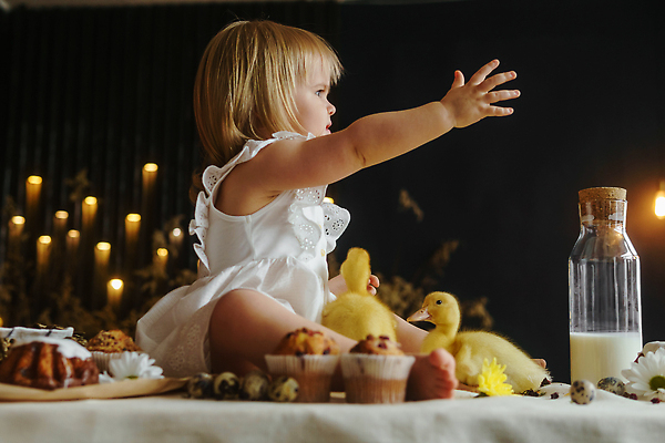 포토 JPG 해외이미지 전신 백인 여자 탁자 부활절 오리 한명 앉기 옆모습 손들기 아기 여자아기한명만 해외202309 해외포토 서양인 1 기념일 뷰포인트 가구 모션 조류 사람 여자한명만 여자아기만 파일형식
