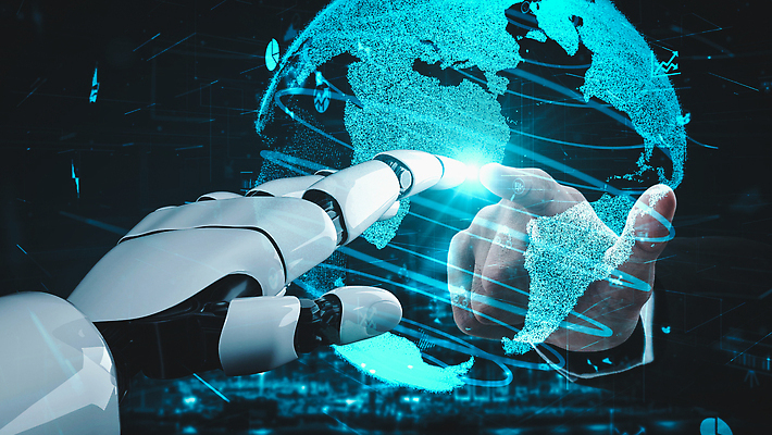 JPG 해외이미지 손 일러스트 미래 기술 신체부위 파란색 지구본 3D 디지털 터치 가리킴 네트워크 로봇 해외202309 해외일러스트 컬러 컨셉 사람 손짓 디지털합성 파일형식