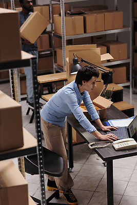 포토 JPG 해외이미지 전신 백인 응시 여자 노동자 실내 한명 성인 옆모습 노트북 상자 작업 물류창고 성인여자한명만 해외202309 해외포토 서양인 직업 1 시선 뷰포인트 사람 내부 전자제품 창고 여자한명만 성인여자만 파일형식