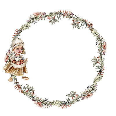 JPG 해외이미지 전신 여자 꽃 어린이 잎 일러스트 프레임 한명 화환 원형 소녀한명만 해외202309 해외일러스트 도형 식물 1 사람 여자한명만 소녀만 파일형식