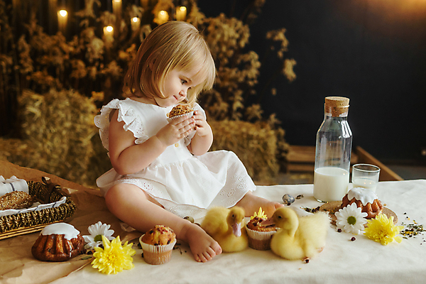 포토 JPG 해외이미지 전신 백인 여자 탁자 부활절 오리 한명 들기 앉기 옆모습 아기 머핀 여자아기한명만 해외202309 해외포토 서양인 1 기념일 빵 뷰포인트 가구 모션 조류 사람 여자한명만 여자아기만 파일형식