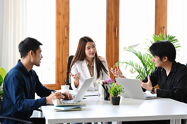 포토 JPG 해외이미지 여자 남자 화초 비즈니스 창문 회의 함께함 앉기 상반신 성인 옆모습 세명 노트북 공책 커튼 비즈니스맨 비즈니스우먼 그룹 책상 직원 성인만 해외202309 해외포토 식물 뷰포인트 가구 컨셉 모션 문구용품 사람 전자제품 직장인 파일형식