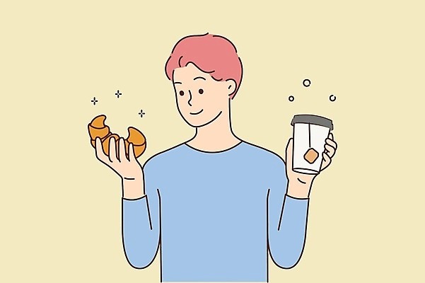 EPS 해외이미지 라이프스타일 남자 일러스트 한명 들기 성인 기쁨 크루아상 테이크아웃컵 성인남자한명만 해외일러스트 1 감정 빵 모션 사람 생활 컵 남자한명만 성인남자만 파일형식 벡터