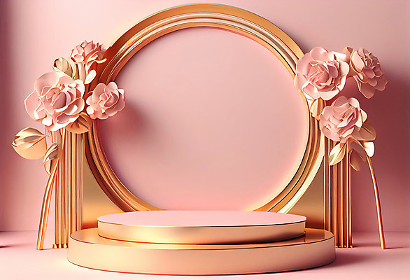 포토 JPG 해외이미지 꽃 분홍색 백그라운드 사람없음 3D 금색 원형 광택 단상 파스텔톤 포디움 해외202309 해외포토 도형 식물 컬러 무대 디지털합성 파일형식