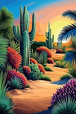 EPS 해외이미지 꽃 일러스트 선인장 사람없음 노을 사막 해외202309 해외일러스트 자연요소 식물 파일형식 벡터