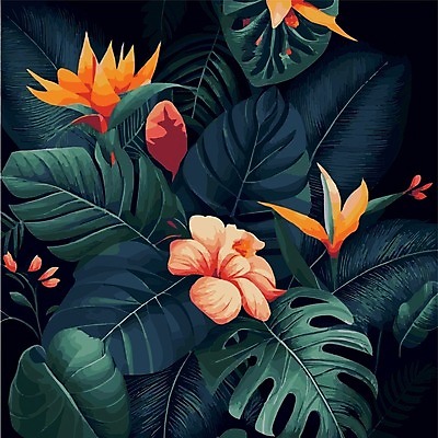 EPS 해외이미지 일러스트 검은배경 사람없음 야자수잎 몬스테라 열대꽃 열대잎 트로피컬아트 해외202309 해외일러스트 식물 꽃 백그라운드 잎 검은색 그림 파일형식 벡터