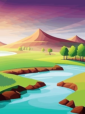 EPS 해외이미지 나무 일러스트 하늘 산 사람없음 봄 분위기 강가 해외202309 해외일러스트 식물 계절 컨셉 강 파일형식 벡터