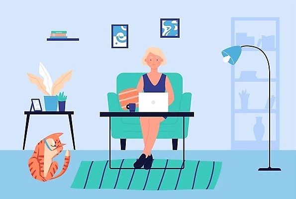 EPS 해외이미지 전신 라이프스타일 여자 일러스트 함께함 한명 앉기 성인 노트북 소파 업무 성인여자한명만 반려묘 해외202309 해외일러스트 1 컨셉 의자 모션 사람 생활 전자제품 반려동물 고양이 작업 여자한명만 성인여자만 파일형식 벡터