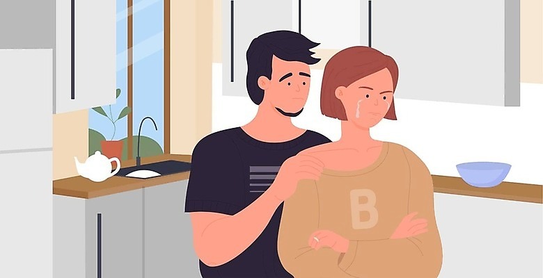 EPS 해외이미지 부부 여자 남자 일러스트 상반신 성인 두명 팔짱 주방 울음 눈물 싸움 갈등 성인만 어깨에손 해외202309 해외일러스트 커플 감정 모션 표정 사람 파일형식 벡터