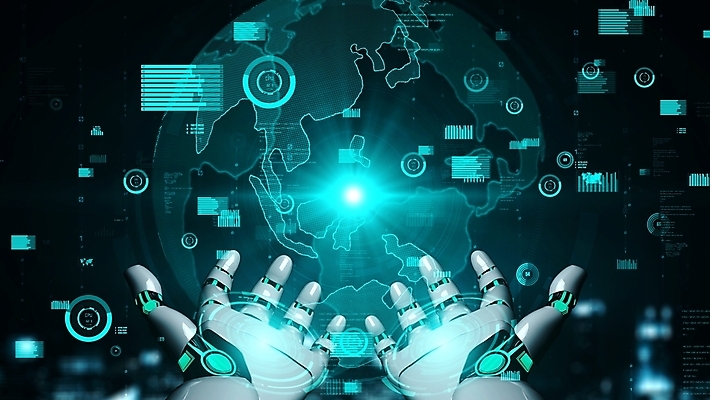 JPG 해외이미지 손 일러스트 그래프 미래 기술 들기 신체부위 파란색 지구본 3D 디지털 네트워크 로봇 해외202309 해외일러스트 컬러 컨셉 모션 사람 디지털합성 파일형식