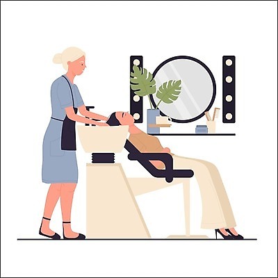 EPS 해외이미지 전신 여자 일러스트 앉기 성인 두명 머리카락 미용실 미용사 서비스 머리감기 성인여자만 해외202309 해외일러스트 직업 모션 사람 머리 청결 뷰티샵 여자만 성인만 파일형식 벡터