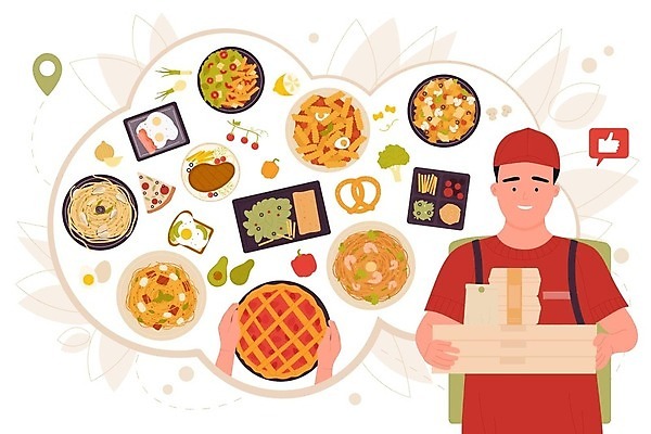 EPS 해외이미지 남자 일러스트 피자 파스타 스테이크 한명 들기 상반신 성인 샐러드 배달원 배송 도시락 위치 따봉 배달상자 성인남자한명만 해외202309 해외일러스트 직업 1 음식 모션 패스트푸드 서양음식 사람 상자 최고 남자한명만 성인남자만 파일형식 벡터