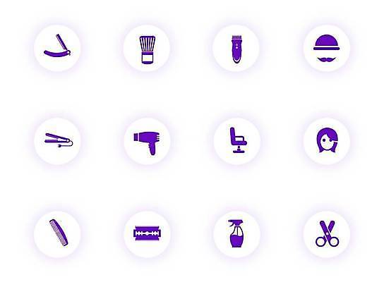 EPS 해외이미지 모자 헤어스타일 컬러 의자 일러스트 비즈니스 그림자 빛 픽토그램 뷰티 유행 상점 보라색 웹 머리빗 원형 가장자리 심볼 사인 가발 분무기 면도기 UI 고립 스타일 벡터 해외202309 해외일러스트 도형 잡화 가구 인터넷 위생용품 미용용품 둘레 파일형식