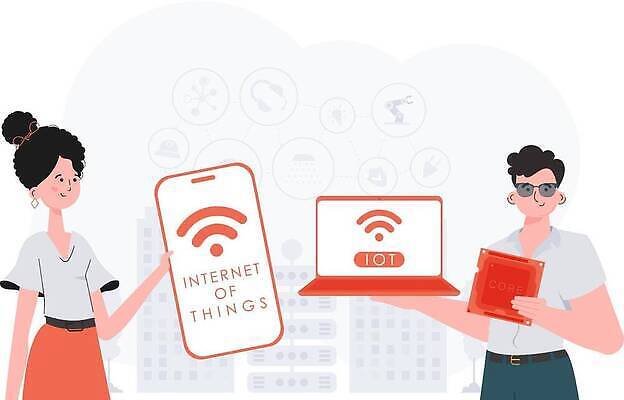 EPS 해외이미지 여자 남자 일러스트 협력 들기 상반신 성인 두명 노트북 스마트폰 선글라스 사물인터넷 성인만 해외202309 해외일러스트 안경 모션 정보기술 사람 전자제품 핸드폰 스마트기기 파일형식 벡터