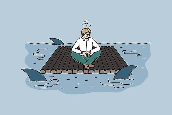 EPS 해외이미지 전신 남자 바다 일러스트 한명 정장 성인 비즈니스맨 찡그림 위험 상어 뗏목 성인남자한명만 해외202309 해외일러스트 1 옷 교통수단 컨셉 배_교통 비즈니스 표정 어류 사람 직장인 남자한명만 성인남자만 파일형식 벡터