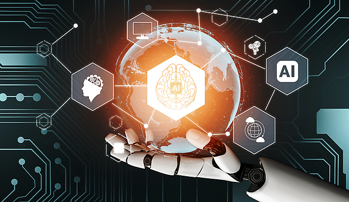 JPG 해외이미지 손 일러스트 미래 기술 신체부위 파란색 지구본 3D 디지털 네트워크 로봇 뇌 톱니바퀴 AI_인공지능 해외202309 해외일러스트 컬러 컨셉 사람 디지털합성 파일형식