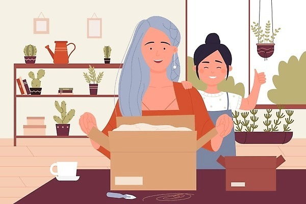 EPS 해외이미지 식물 여자 화분 일러스트 선인장 상반신 성인 두명 오픈 서비스 택배 따봉 택배상자 여자만 행잉플랜트 해외202309 해외일러스트 사람 상자 운송업 최고 파일형식 벡터