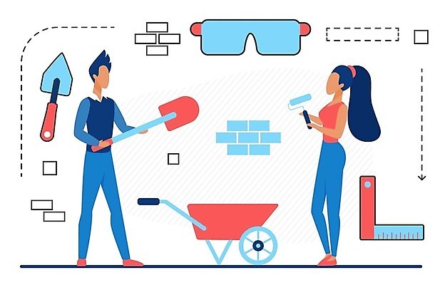 EPS 해외이미지 전신 여자 남자 건축 일러스트 고글 자 서기 들기 성인 두명 수리 삽 페인트롤러 리모델링 외발수레 성인만 해외202309 해외일러스트 모션 문구용품 사람 수레 파일형식 벡터