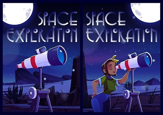 EPS 해외이미지 배너 여자 포스터 일러스트 한명 성인 우주 망원경 달 관찰 야간 은하계 천문학 성인여자한명만 해외202309 해외일러스트 자연요소 1 교육 모션 사람 여자한명만 성인여자만 파일형식 벡터