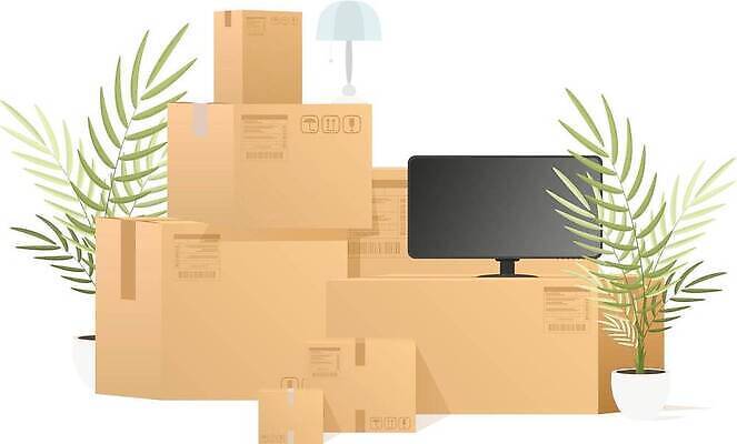 EPS 해외이미지 일러스트 사람없음 모니터 이사 나무상자 택배상자 해외202309 해외일러스트 컴퓨터 상자 택배 파일형식 벡터