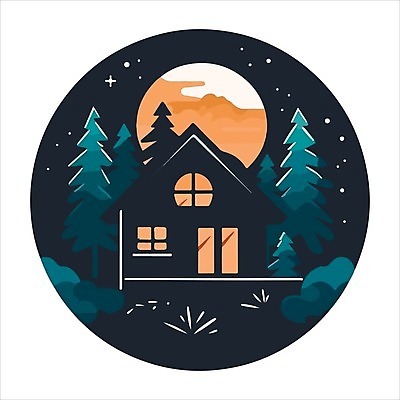 EPS 해외이미지 나무 일러스트 밤하늘 사람없음 초록색 검은색 달 원형 숲속 오두막 심볼 해외202309 해외일러스트 자연요소 도형 식물 컬러 하늘 야간 숲 파일형식 벡터