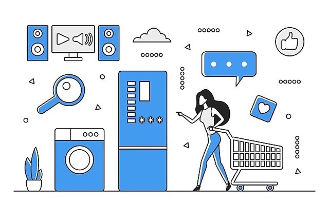 EPS 해외이미지 전신 여자 일러스트 비즈니스 한명 성인 파란색 디지털 쇼핑카 정보 업무 스마트 분석 세탁기 온라인 경영 데이터베이스 인터페이스 성인여자한명만 해외202310 해외일러스트 1 컬러 컨셉 사람 쇼핑 카트 가전제품 작업 여자한명만 성인여자만 파일형식 벡터