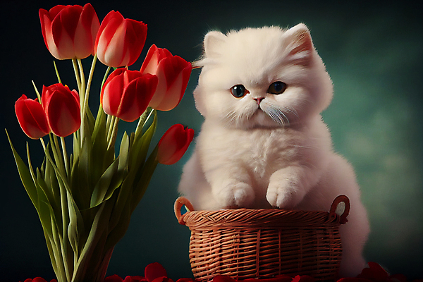 포토 JPG 해외이미지 한마리 새끼 사람없음 바구니 귀여움 고양이 튤립 해외202309 해외포토 동물 1 꽃 컨셉 포유류 반려동물 파일형식