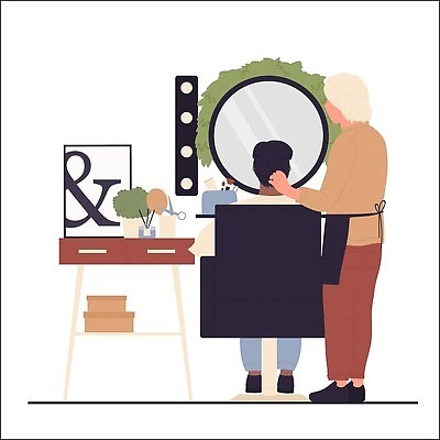 EPS 해외이미지 전신 남자 가구 일러스트 앉기 성인 두명 머리카락 거울 미용실 미용사 서비스 머리손질 성인남자만 해외202309 해외일러스트 직업 생활용품 모션 사람 뷰티 머리 뷰티샵 남자만 성인만 파일형식 벡터