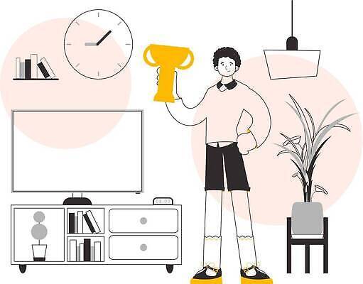 EPS 해외이미지 전신 식물 남자 화분 시계 허리손 일러스트 조명 선반 한명 서기 들기 성인 책 노란색 검은색 텔레비전 작업실 트로피 라인아트 성인남자한명만 해외202309 해외일러스트 1 선 컬러 포즈 가구 모션 사람 전자제품 상_우승 남자한명만 성인남자만 파일형식 벡터