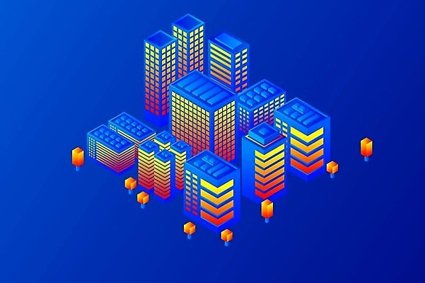 EPS 해외이미지 백그라운드 일러스트 빌딩 사람없음 건물 파란색 도시 네온 아이소메트릭 해외202309 해외일러스트 건축물 컬러 파일형식 벡터