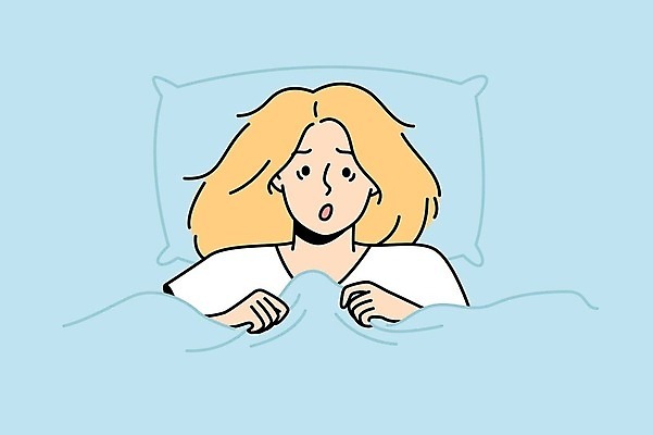 EPS 해외이미지 여자 일러스트 베개 한명 상반신 성인 눕기 이불 악몽 성인여자한명만 해외202309 해외일러스트 1 침구 모션 사람 여자한명만 성인여자만 파일형식 벡터