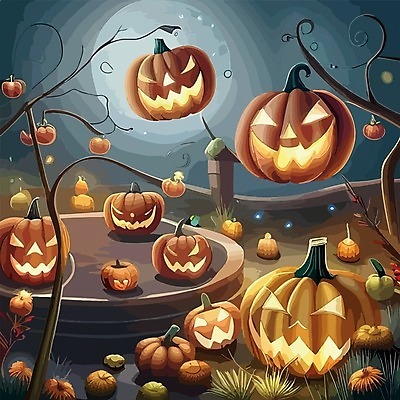 EPS 해외이미지 나무 일러스트 호박 사람없음 어둠 할로윈 야간 잭오랜턴 해외202309 해외일러스트 자연요소 식물 채소 파일형식 벡터