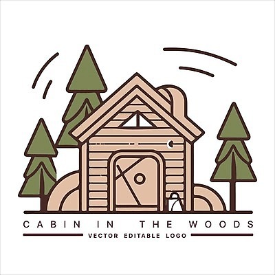 EPS 해외이미지 나무 선 일러스트 사람없음 숲속 오두막 심볼 살구색 해외202309 해외일러스트 식물 컬러 숲 파일형식 벡터