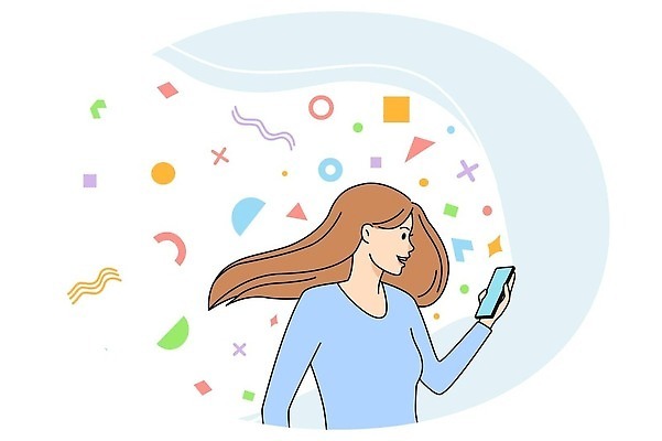 EPS 해외이미지 도형 라이프스타일 여자 선 일러스트 한명 들기 상반신 성인 스마트폰 기쁨 성인여자한명만 흩날리기 해외일러스트 1 감정 모션 사람 생활 핸드폰 스마트기기 여자한명만 성인여자만 파일형식 벡터