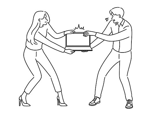 EPS 해외이미지 전신 여자 남자 일러스트 성인 두명 노트북 싸움 성인만 해외202309 해외일러스트 모션 사람 전자제품 파일형식 벡터