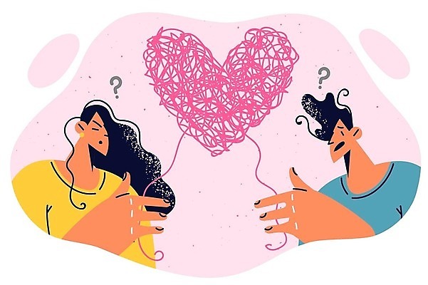 EPS 해외이미지 커플 여자 남자 일러스트 스트레스 사랑 성인 두명 물음표 하트 엉킴 문제 의문 혼란 성인만 해외202309 해외일러스트 모양 기호 감정 컨셉 관계 사람 파일형식 벡터