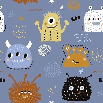 EPS 해외이미지 디자인 패턴 일러스트 벽지 사람없음 파란색 귀여움 외계인 몬스터 해외202309 해외일러스트 컬러 컨셉 무늬 미확인물체 파일형식 벡터
