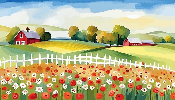 EPS 해외이미지 나무 일러스트 하늘 주택 사람없음 울타리 농장 마을 봄 들꽃 분위기 언덕 해외202309 해외일러스트 식물 계절 꽃 컨셉 농업 건물 담장 파일형식 벡터