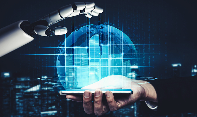 포토 해외이미지 손 비즈니스 미래 들기 신체부위 파란색 스마트폰 지구본 스크린 기계 도시 로봇 AI_인공지능 해외202309 해외포토 AI파일 컬러 컨셉 모션 사람 핸드폰 스마트기기 파일형식 벡터