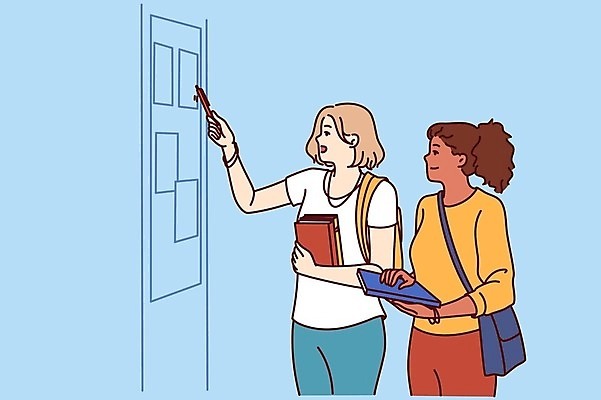 EPS 해외이미지 학생 응시 여학생 여자 교육 일러스트 학교 서기 들기 상반신 성인 두명 책 펜 가리킴 복도 읽기 공지사항 성인여자만 해외202309 해외일러스트 시선 모션 사람 손짓 필기구 여자만 성인만 파일형식 벡터