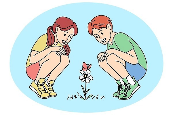 EPS 해외이미지 전신 라이프스타일 여자 남자 꽃 어린이 나비 일러스트 소년 기쁨 구경 웅크림 어린이만 해외일러스트 식물 감정 곤충 모션 사람 생활 파일형식 벡터