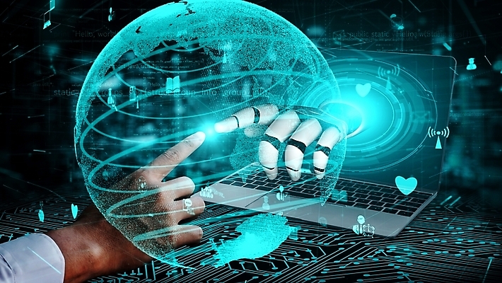 포토 해외이미지 손 비즈니스 통신 미래 신체부위 파란색 노트북 지구본 스크린 기계 하트 연결 로봇 AI_인공지능 해외202309 해외포토 AI파일 모양 컬러 컨셉 사람 전자제품 파일형식 벡터