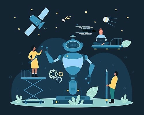 EPS 해외이미지 전신 여자 남자 별 일러스트 미래 들기 앉기 성인 세명 노트북 연필 인공위성 과학기술 스패너 로봇 청록색 성인만 AI_인공지능 해외202309 해외일러스트 자연요소 컬러 컨셉 통신 모션 학용품 기술 사람 전자제품 필기구 공구 파일형식 벡터