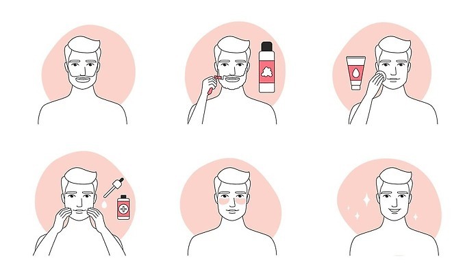 EPS 해외이미지 캐릭터 손 남자 얼굴 선 백그라운드 일러스트 수염 설명 사람 일상 치료 세트 뷰티 스파 화장품 욕실 공구 씻기 빨래 매끈함 세제 피부 피부관리 윤곽 로션 면도기 단계 몸단장 고립 돌봄 무스 벡터 해외202309 해외일러스트 일러캐릭터 가사 의학 모션 라이프 신체부위 위생용품 청결 도구 감각 파일형식