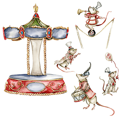 JPG 해외이미지 여러마리 일러스트 사람없음 쥐 서커스 북 트럼펫 풍선 단상 줄타기 해외202309 해외일러스트 다수 타악기 설치류 묘기 금관악기 파일형식