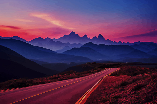 포토 JPG 해외이미지 도로 일러스트 벽지 하늘 산 사람없음 컬러풀 일몰 루트 해외202309 해외포토 길 컬러 교통시설 노을 파일형식