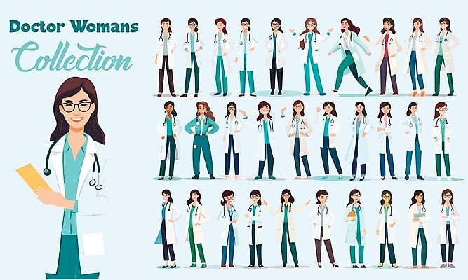 EPS 해외이미지 전신 여자 포즈 일러스트 청진기 들기 여러명 상반신 성인 의사 성인여자만 해외202309 해외일러스트 다수 의료기기 모션 사람 의료진 여자만 성인만 파일형식 벡터